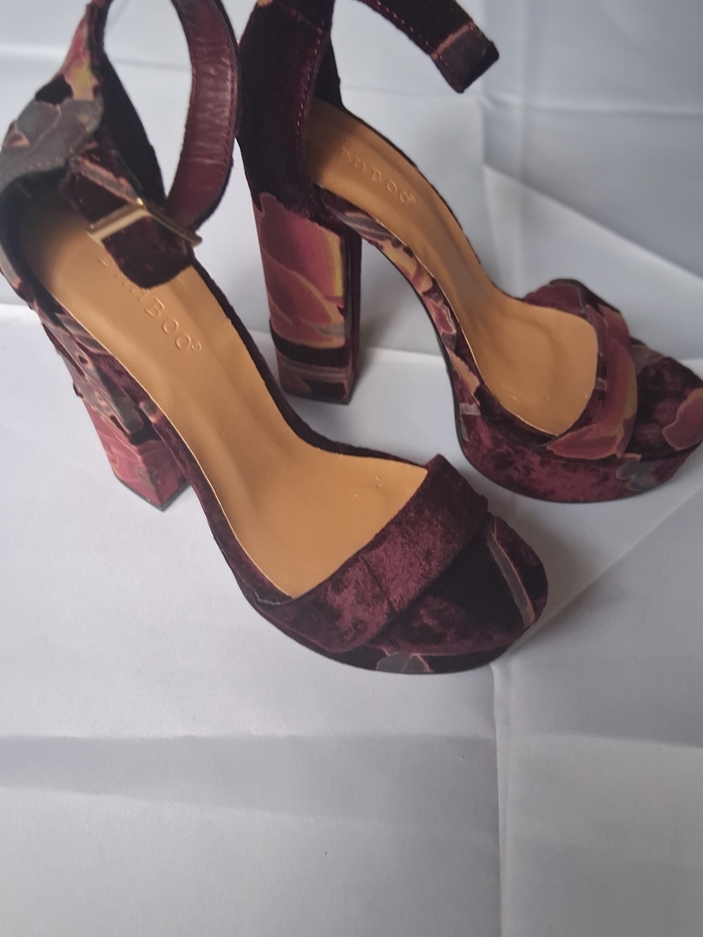 BAMBOO Burgundy Velvet Platform Block Heel Sandals with Floral Accent
